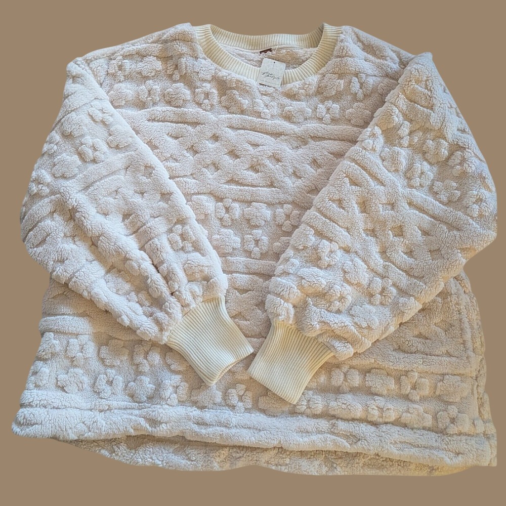 Free People Cable Knit Sweatshirt Ivory Combo M NWT Oversized Plush Pockets